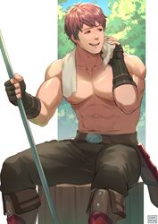  1boy abs artist_logo artist_name bara english_commentary fingerless_gloves fire_emblem fire_emblem_echoes:_shadows_of_valentia gloves highres holding holding_polearm holding_towel holding_weapon looking_to_the_side lukas_(fire_emblem) male_focus pants pectorals polearm solo sweat sweatdrop topless_male towel veins weapon wiping_sweat zink_(zink_mchn) 