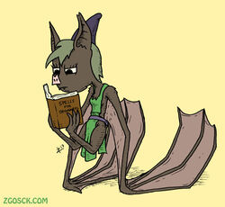  2019 3_toes 4_fingers anthro bat bat_nose belt blonde_hair book book_title breasts brown_body brown_fur chest_tuft clothing fangs feet female fingers fur green_clothing green_robe hair hat headgear headwear holding_book holding_object holding_object_with_feet ironclaw_(rpg) looking_at_object mammal membrane_(anatomy) membranous_wings microbat narrowed_eyes open_book pikwik_(zigmenthotep) pointy_hat purple_belt reading reading_book robe signature simple_background small_breasts solo spellbook squint standing_on_hands teeth title toes traditional_media_(artwork) tuft winged_arms wings yellow_background zigmenthotep 