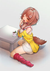  :3 animal_collar animal_ears bone_hair_ornament braid brown_eyes brown_hair chili_pepper clothing_cutout coffee_mug collar cup dog_ears dog_girl dog_tail dress elbows_on_table female from_above from_side full_body hair_ornament hairclip highres hololive inugami_korone inugami_korone_(1st_costume) jacket jalapeno_pepper kelly_0w0 long_hair loose_socks low_twin_braids mug no_shoes off_shoulder one_eye_closed open_mouth red_collar red_socks short_dress sitting socks solo tail tail_through_clothes twin_braids twintails virtual_youtuber wariza white_dress yawning yellow_jacket 