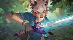  2020 5_fingers anthro breath_of_the_wild clothed clothing crossover digital_media_(artwork) domestic_cat felid feline felis female fingers mammal master_sword melee_weapon nintendo shaded soft_shading solo sword the_legend_of_zelda weapon wildering 