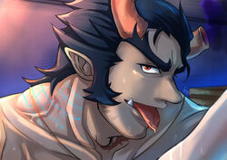  1boy absurdres bara beard blue_hair broken_horn close-up collarbone completely_nude dark_blue_hair demon_boy demon_horns facial_hair fiery_horns forked_eyebrows highres horns kageru_(mofnyan) long_sideburns looking_at_viewer male_focus mature_male muscular muscular_male nude oerba_yun_fang pointy_ears portrait red_eyes saliva sexually_suggestive short_hair sideburns smug solo stubble takemaru_(housamo) thick_eyebrows tokyo_afterschool_summoners tongue tongue_out 