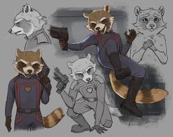  2023 action_pose anoapher anthro blue_clothing boots brown_body brown_fur clothed clothing colored digital_media_(artwork) footwear fully_clothed fur guardians_of_the_galaxy gun holding_gun holding_object holding_ranged_weapon holding_weapon male mammal markings marvel pose procyonid raccoon ranged_weapon rocket_raccoon sketch_page solo striped_markings striped_tail stripes tail tail_markings uniform weapon whiskers 