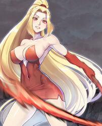  bare_legs bare_shoulders blonde_hair breasts collarbone covered_navel cowboy_shot dress elbow_gloves female gloves grey_background grin high_ponytail highres holding holding_whip large_breasts long_hair looking_at_viewer parted_bangs ponytail red_dress red_eyes red_gloves short_dress shynesslady smile solo star_ocean star_ocean_the_second_story strapless strapless_dress very_long_hair whip wide_ponytail yasu_suupatenin 