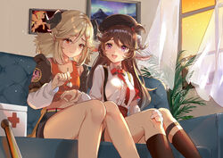  2girls :d animal_ears arknights armband bare_shoulders beret black_headwear black_jacket black_shorts blush bow breasts brown_hair brown_legwear closed_mouth collarbone collared_shirt commentary_request couch crying crying_with_eyes_open curled_horns curtains dress_shirt eyjafjalla_(arknights) feet_out_of_frame first_aid first_aid_kit hair_between_eyes hair_flaps hair_ornament hairclip hand_grab hat horns ifrit_(arknights) indoors jacket kneehighs long_hair medium_breasts multiple_girls off_shoulder on_couch open_clothes open_jacket open_mouth orange_tank_top parted_bangs purple_eyes red_bow red_eyes rero_(bigdoorbig2) sheep_ears sheep_horns shirt short_shorts short_twintails shorts sitting smile socks suspenders tank_top tears transparent twintails very_long_hair white_shirt window 