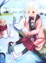  :d aiuabo animal baby_penguin bird black_legwear blush boots canine clothed_animal coat commentary_request day dock emperor_penguin female frozen_lake gloves highres holding holding_stick long_hair long_scarf long_sleeves open_mouth original outdoors panties penguin pink_coat pink_headwear plaid plaid_scarf plaid_skirt pom_pom_(clothes) red_eyes red_scarf red_skirt scarf shovel sitting skirt smile snow solo stick swan_boat underwear unworn_gloves white_footwear white_hair winter 