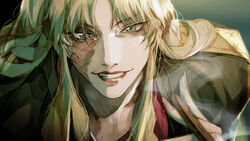  balalaika_(black_lagoon) black_lagoon blonde_hair blue_eyes burn_scar close-up dress female grin haban_(haban35) jacket jacket_on_shoulders long_hair looking_at_viewer mole mole_under_eye rape_face red_dress red_lips scar smile solo 