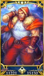  1boy alternate_costume bara beard belt bracer bulge christmas class_change facial_hair fate/grand_order fate/zero fate_(series) feet_out_of_frame gift_bag hat holding holding_behind_back iskandar_(fate) large_pectorals looking_at_viewer male_focus mature_male muscular muscular_male pectorals red_eyes red_hair santa_costume santa_hat servant_card_(fate/grand_order) shirt short_hair shukou_akanaru_(trabel) solo thick_thighs thighs white_shirt 