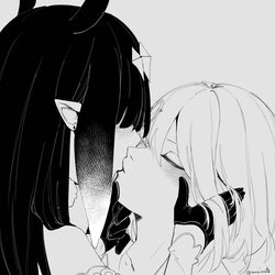  2girls ameiarts closed_eyes detached_sleeves gloves grey_background greyscale hair_behind_ear hair_over_eyes hand_on_another&#039;s_chin hand_on_another&#039;s_head hololive hololive_english kissing monochrome multiple_girls ninomae_ina&#039;nis pointy_ears tentacle_hair virtual_youtuber watson_amelia yuri 