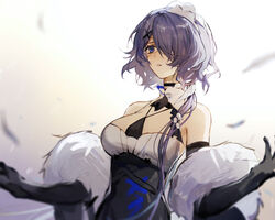  arknights bare_shoulders black_gloves blue_eyes breasts chinese_commentary commentary_request corrupted_metadata elbow_gloves feather_boa female gloves highres long_hair medium_breasts official_alternate_costume purple_hair qinglai_haiji solo upper_body whisperain_(arknights) whisperain_(tremble_cold)_(arknights) 