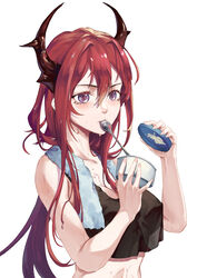  absurdres arknights bare_arms bare_shoulders black_tank_top breasts chinese_commentary commentary_request crop_top crop_top_overhang cy9 female hair_between_eyes hair_intakes highres holding horns long_hair looking_at_viewer medium_breasts midriff mouth_hold purple_eyes red_hair simple_background slit_pupils solo spoon surtr_(arknights) tank_top towel towel_around_neck upper_body white_background 