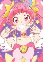  ahoge blunt_bangs bow cheek_poking choker collarbone cure_star dress earrings female fingernails flat_chest grin hair_ornament highres hoshina_hikaru jewelry long_hair looking_at_viewer magical_girl pink_choker pink_dress pink_eyes pink_hair pink_theme planet_hair_ornament poking poking_self precure purple_background simple_background sleeveless sleeveless_dress smile solo star_(symbol) star_choker star_hair_ornament star_twinkle_precure twintails upper_body waist_bow wrist_cuffs yellow_bow yuto_(dialique) 