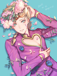  1boy 2019 723_(tobi) blonde_hair blue_background braid braided_ponytail earrings flower giorno_giovanna green_eyes grin hair_flower hair_ornament jacket jewelry jojo_no_kimyou_na_bouken long_hair long_sleeves looking_at_viewer male_focus petals pink_flower pink_jacket smile solo teeth vento_aureo 