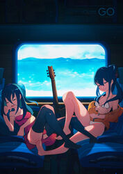  2girls absurdres bikini black_hair black_legwear closed_eyes day guitar highres indoors instrument long_hair multiple_girls open_mouth original sleeping smile soar swimsuit thighhighs white_bikini window 