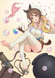  atelier_(series) atelier_ryza atelier_ryza_1 baeg_mi bare_shoulders belt breasts bridal_legwear brown_eyes brown_gloves brown_hair bubble cleavage commentary_request female flask full_body gloves hair_ornament hairclip hands_up highres jewelry leg_up looking_at_viewer medium_breasts necklace off-shoulder_shirt off_shoulder open_mouth photoshop_(medium) red_shorts reisalin_stout round-bottom_flask shirt short_hair short_shorts shorts single_glove skindentation sleeveless sleeveless_jacket solo star_(symbol) star_necklace surprised teeth thighhighs thighs toeless_legwear upper_teeth_only vial white_headwear white_thighhighs 