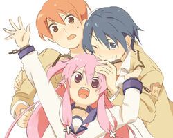  2boys :d angel_beats! blue_hair blush brown_eyes choker coat commentary_request cross female hayato_(meromoni) hinata_hideki long_hair long_sleeves looking_at_viewer multiple_boys open_mouth orange_hair otonashi_yuzuru pink_eyes pink_hair school_uniform serafuku shinda_sekai_sensen_uniform shirt short_hair simple_background smile sweatdrop teeth two_side_up white_background white_shirt yui_(angel_beats!) 