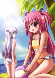  2girls angel_beats! bad_id bad_pixiv_id ball beach beachball belt bikini day grey_hair half_updo highres long_hair multiple_girls oerba_yun_fang pink_eyes pink_hair rayhwang swimsuit tachibana_kanade two_side_up yellow_eyes yui_(angel_beats!) 