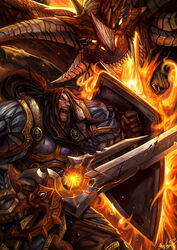  1boy bad_id dragon fire horns human_(warcraft) onyxia photoshop_(medium) shield sword varian_wrynn warcraft warden7 warrior weapon world_of_warcraft 