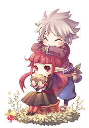  1boy ^_^ bag belt blush bread bug butterfly chibi closed_eyes commentary_request dungeon_and_fighter eating female flower food grey_hair gunner_(dungeon_and_fighter) mage_(dungeon_and_fighter) metawin mushroom pantyhose photoshop_(medium) pointy_ears red_eyes red_hair sitting smile tree_stump twintails 