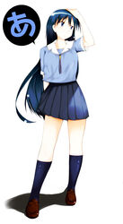  a_(phrase) azumanga_daioh&#039;s_school_uniform azumanga_daiou bad_id bad_pixiv_id blue_eyes blue_hair blue_serafuku blue_shirt female highres hubrael kneehighs legs long_hair photoshop_(medium) sakaki_(azumanga_daioh) school_uniform serafuku shirt socks solo summer_uniform 