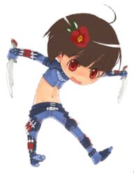  ahoge artist_request blunt_bangs bob_cut brown_hair chibi dagger dual_wielding female full_body gloves guild_wars_(series) guild_wars_1 gwen_(guild_wars) holding knife lowres midriff navel red_eyes short_hair smile solo transparent_background weapon 