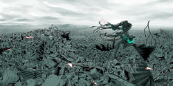  cityscape commentary_request detached_sleeves female hatsune_miku highres junji long_hair necktie outstretched_arm outstretched_hand reaching rubble sitting skirt solo stairs thighhighs twintails vocaloid 