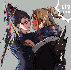  !? 1boy amulet arm_behind_head bad_id bad_pixiv_id bayonetta bayonetta_(series) bayonetta_1 black_eyes black_hair blue_eyes blush bodysuit brown_hair cleavage_cutout clenched_teeth clothing_cutout couple elbow_gloves eye_contact female glasses gloves hair_bun hair_ribbon hand_on_shoulder hifumi_chiyoko jacket lipstick long_hair looking_at_another luka_redgrave makeup nervous photoshop_(medium) ribbon scarf simple_background single_hair_bun straight sweat teeth 