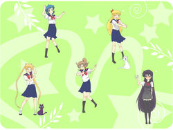  5girls aino_minako artemis_(sailor_moon) bad_id bad_pixiv_id bishoujo_senshi_sailor_moon black_hair blonde_hair blue_eyes blue_hair blue_sailor_collar blush bow dancing double_bun feline fit&#039;s green_eyes hair_bun hino_rei juuban_middle_school_uniform kino_makoto long_hair lotte_(company) luna_(sailor_moon) magical_girl mizuno_ami multiple_girls neko_(bio-cat) parody ponytail red_bow sailor_collar sailor_moon school_uniform serafuku short_hair ta_girls_school_uniform tsukino_usagi 