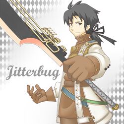  1boy argyle_background black_hair brown_eyes character_name commentary_request gloves jitterbug_(trusty_bell) male_focus piza_poteto ponytail solo sword trusty_bell weapon 