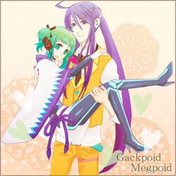  1boy ahoge alternate_hairstyle carrying commentary_request cosplay costume_switch couple female green_hair gumi gumi_(cosplay) hair_up headset holding kamui_gakupo kamui_gakupo_(cosplay) long_hair meka00 princess_carry purple_hair side_ponytail sidelocks smile straight very_long_hair vocaloid 