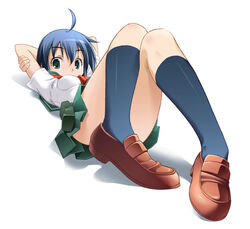  ahoge arm_behind_head black_socks blue_hair breasts brown_footwear commentary_request female gakuen_kino green_eyes green_skirt hair_between_eyes kino_(kino_no_tabi) kino_no_tabi kneehighs looking_at_viewer lying on_back photoshop_(medium) pouch rankei school_uniform serafuku shirt shoes short_hair short_sleeves skirt small_breasts socks solo white_shirt 