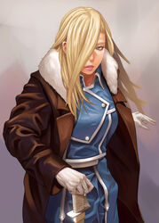  amestris_military_uniform blonde_hair blue_eyes bugfix coat commentary_request female fullmetal_alchemist fur_coat gloves hair_over_one_eye lips long_hair military military_uniform olivier_mira_armstrong sheath sheathed solo sword uniform weapon 