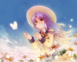  angel_beats! blazer blue_hair bug butterfly commentary_request female flower hat jacket long_hair photoshop_(medium) school_uniform sky solo sun_hat tachibana_kanade yellow_eyes zhuo_mi 