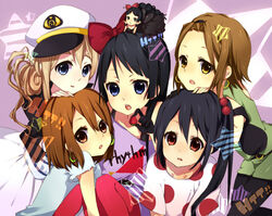  6+girls akiyama_mio black_hair blonde_hair blue_eyes brown_eyes brown_hair chibi commentary_request dual_persona food fruit gloves hat hirasawa_yui k-on! kotobuki_tsumugi listen!! long_hair mata mini_person minigirl multiple_girls nakano_azusa pantyhose red_pantyhose sailor_hat short_hair side_ponytail strawberry tainaka_ritsu 