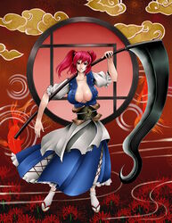  bad_anatomy belt breasts cleavage cloud coin commentary_request female fish flower full_body goldfish hair_bobbles hair_ornament highres holding holding_scythe huge_breasts kikkoumon looking_at_viewer okobo onozuka_komachi red_eyes red_flower red_hair round_window sandals scythe short_hair socks solo spider_lily tabi touhou two_side_up white_socks window yukichi_(bancho99) 