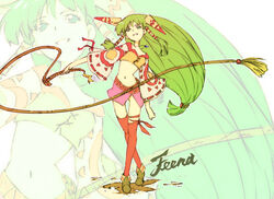  ass_visible_through_thighs character_name commentary_request feena_(grandia) female grandia grandia_i green_hair hair_ornament kurita_shin&#039;ichi legs long_hair low-tied_long_hair navel solo thighhighs weapon whip zoom_layer 