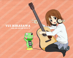  acoustic_guitar apple_inc. brown_eyes brown_hair commentary_request digital_media_player female frog guitar headphones hirasawa_yui instrument ipod ipod_touch k-on! panasonic_corporation pantyhose photoshop_(medium) solo v yuu_(1007yu) 