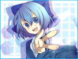  :d amase_(siki696) blue_eyes blue_hair bow cirno commentary_request female hairbow looking_at_viewer open_mouth outstretched_arm smile solo touhou v 