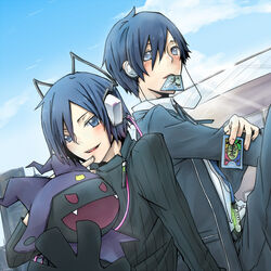  2boys aqua_eyes belt black_frost blue_hair blush bow bowtie card card_in_mouth city collar commentary_request crossover devil_survivor fingernails gekkoukan_high_school_uniform hat headphones holding holding_card jacket lips monster mouth_hold multiple_boys oerba_yun_fang open_mouth persona persona_3 protagonist_(devil_survivor) red_eyes school school_uniform shin_megami_tensei shirt sweater tarot tarot_(card) white_shirt yuuki_makoto_(persona_3) yxyunxy 