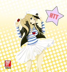  blonde_hair blue_eyes female food fruit hat heart highres holding holding_food holding_fruit k-on! kotobuki_tsumugi listen!! long_hair patty_(artist) peaked_cap polka_dot ponytail sailor_hat shirt skirt solo star_(symbol) strawberry striped_clothes striped_shirt 