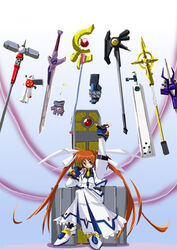  bardiche_(nanoha) cross_mirage crossed_legs female graf_eisen hammer kerykeion_(nanoha) klarwind laevatein_(nanoha) long_hair lyrical_nanoha magical_girl mahou_shoujo_lyrical_nanoha_strikers raising_heart schwertkreuz sitting staff strada sword takamachi_nanoha throne twintails very_long_hair weapon 