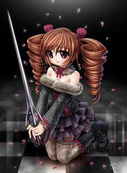  amy_sorel bare_shoulders boots brown_hair commentary drill_hair examheart female fishnet_thighhighs fishnets flower frilled_skirt frills fur_trim gothic_lolita hair_flower hair_ornament kneeling lace lipstick lolita_fashion makeup petals photoshop_(medium) rapier red_eyes sad skirt solo soulcalibur soulcalibur_iv sword thighhighs twin_drills twintails weapon 