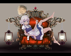  artistic_error barefoot blue_eyes braid broom chair commentary_request easy_chair feet female grey_hair izayoi_sakuya lantern letterboxed lying maid maid_headdress short_hair solo tama_(speedgrapher) touhou twin_braids wrong_foot 