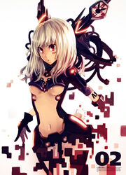  bad_id bad_pixiv_id blonde_hair breast_clinging breasts digital_dissolve dissolving_clothes female gloves highres long_hair medium_breasts navel neon_trim ochakai_shin&#039;ya original red_eyes single_glove solo underboob 