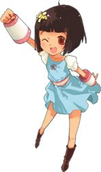  :d ahoge artist_request blue_skirt blunt_bangs bob_cut brown_hair chibi female full_body guild_wars_(series) guild_wars_1 gwen_(guild_wars) lowres one_eye_closed open_mouth red_eyes short_hair skirt smile solo transparent_background 