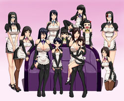  6+girls :d :o apron arm_support asanuma_kiriko bare_shoulders bent_over black_eyes black_hair black_legwear blood blue_eyes blue_hair blunt_bangs blush bob_cut braid breasts brown_eyes brown_hair brown_legwear buttons cleavage cleavage_cutout clothing_cutout commentary_request cosplay couch detached_sleeves dream_c_club dream_c_club_(series) embarrassed everyone fatal_frame fatal_frame_3 flat_chest frills futaba_riho futaba_riho_(cosplay) gradient_background hair_ornament halterneck hand_on_shoulder head_rest highres himuro_kirie himuro_kizuna hug huge_breasts kneeling kuze_amane kuze_hisame kuze_kyouka kuze_minamo kuze_shigure lace lace-trimmed_legwear lace_trim large_breasts lipstick lolicon long_hair looking_at_viewer maid makeup mary_janes mask mature_female mian_(dream_c_club) mian_(dream_c_club)_(cosplay) mio_(dream_c_club) mio_(dream_c_club)_(cosplay) ml mole mother_and_daughter multiple_girls nao_(dream_c_club) nao_(dream_c_club)_(cosplay) open_mouth pantyhose parted_bangs photoshop_(medium) pleated_skirt red_lips reika_(dream_c_club) reika_(dream_c_club)_(cosplay) ribbon rui_(dream_c_club) rui_(dream_c_club)_(cosplay) setsu_(dream_c_club) setsu_(dream_c_club)_(cosplay) shadow shirt shoes short_hair sidelocks sitting sitting_on_lap sitting_on_person skirt smile standing taut_clothes taut_shirt thighhighs twin_braids yukishiro_reika 