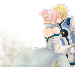  1boy asaki_yukia blonde_hair commentary_request couple detached_sleeves dress estellise_sidos_heurassein female flynn_scifo hair_ornament hairclip kissing pink_hair short_hair straight tales_of_(series) tales_of_vesperia 