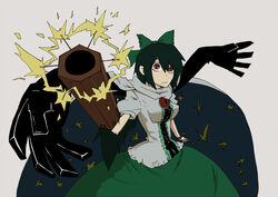  arm_cannon black_wings bow cape commentary_request female flat_color foreshortening green_bow green_hair hairbow highres karu_(ishiken) radiation_symbol red_eyes reiuji_utsuho solo star_(symbol) symbol-shaped_pupils touhou weapon wings 