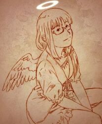  aaru_sentou_shuudan angel bad_link female glasses haibane_renmei halo kuramori_(haibane) monochrome mother&#039;s_day orange_theme solo wings 