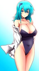  alternate_hair_color aqua_hair blue_eyes breasts choker cleavage commentary_request cryska_barchenowa female huge_breasts long_hair muv-luv muv-luv_alternative muv-luv_total_eclipse one-piece_swimsuit solo swimsuit wakame 