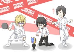  3boys angry celty_sturluson chibi cigarette commentary_request cosplay durarara!! female frying_pan fukuyama_jun glasses heart heiwajima_shizuo kamiya_hiroshi kishitani_shinra mini_person minigirl multiple_boys ono_daisuke orihara_izaya parody sunglasses t0m0 voice_actor_connection waiter working!! 